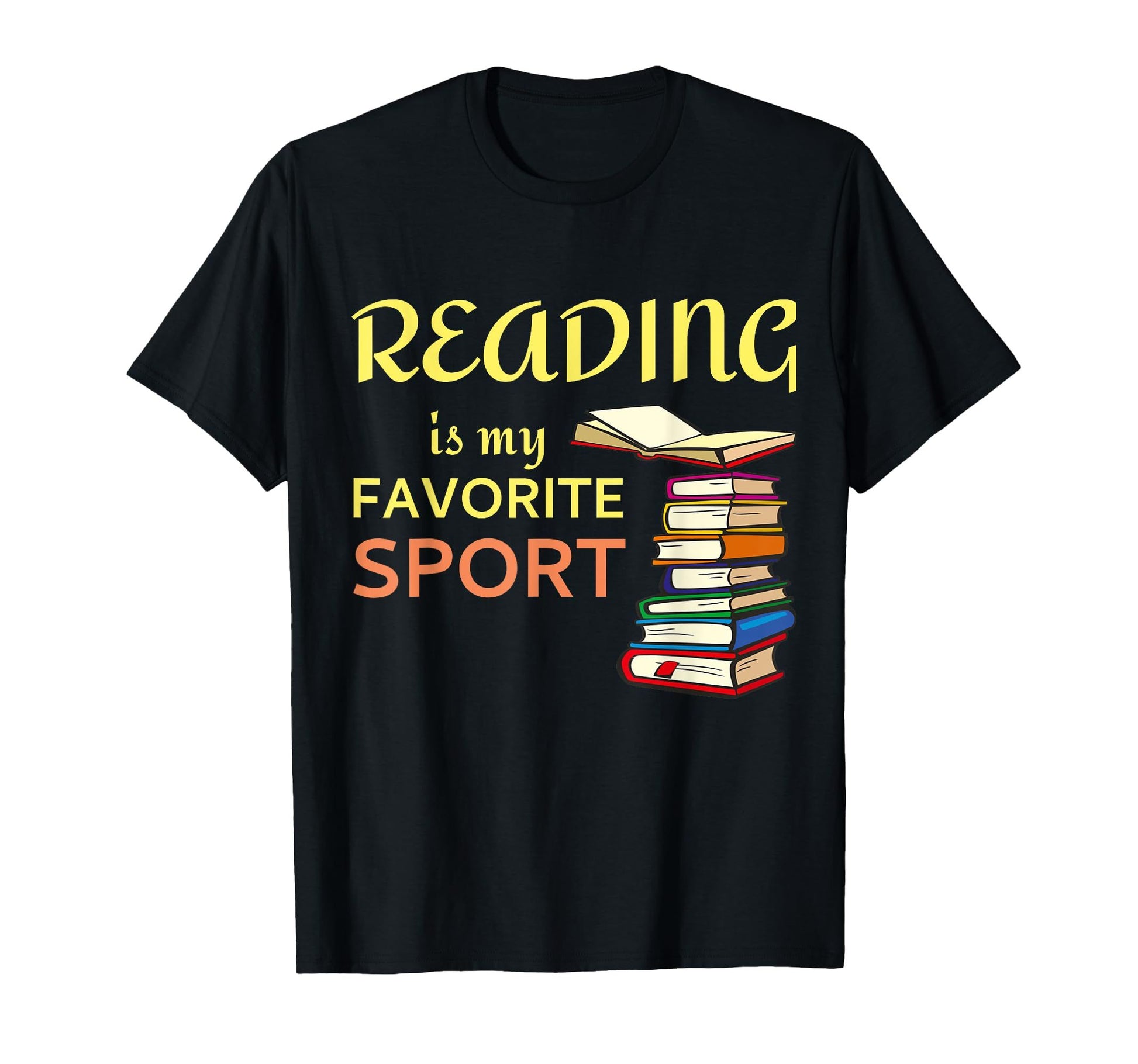 Black t-shirt with "Reading is my favorite sport" text and a stack of books graphic.  A fun, playful design for book enthusiasts.