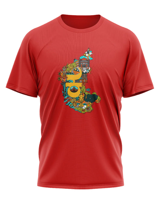 Red t-shirt featuring Karnataka map design with cultural illustrations in Kannada script.
