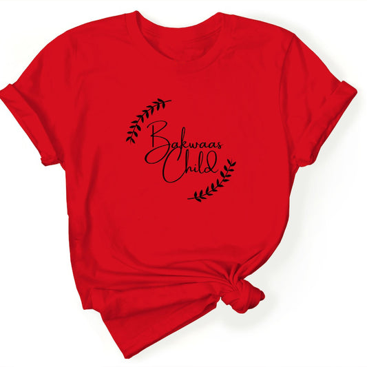 Red t-shirt featuring the text "Bakwaas Child" in a stylish font, accompanied by leaf graphics.