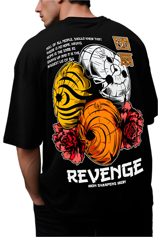 Dark-colored oversize t-shirt with a graphic of three stylized masks, flowers, "Revenge" text, and a quote on the back.