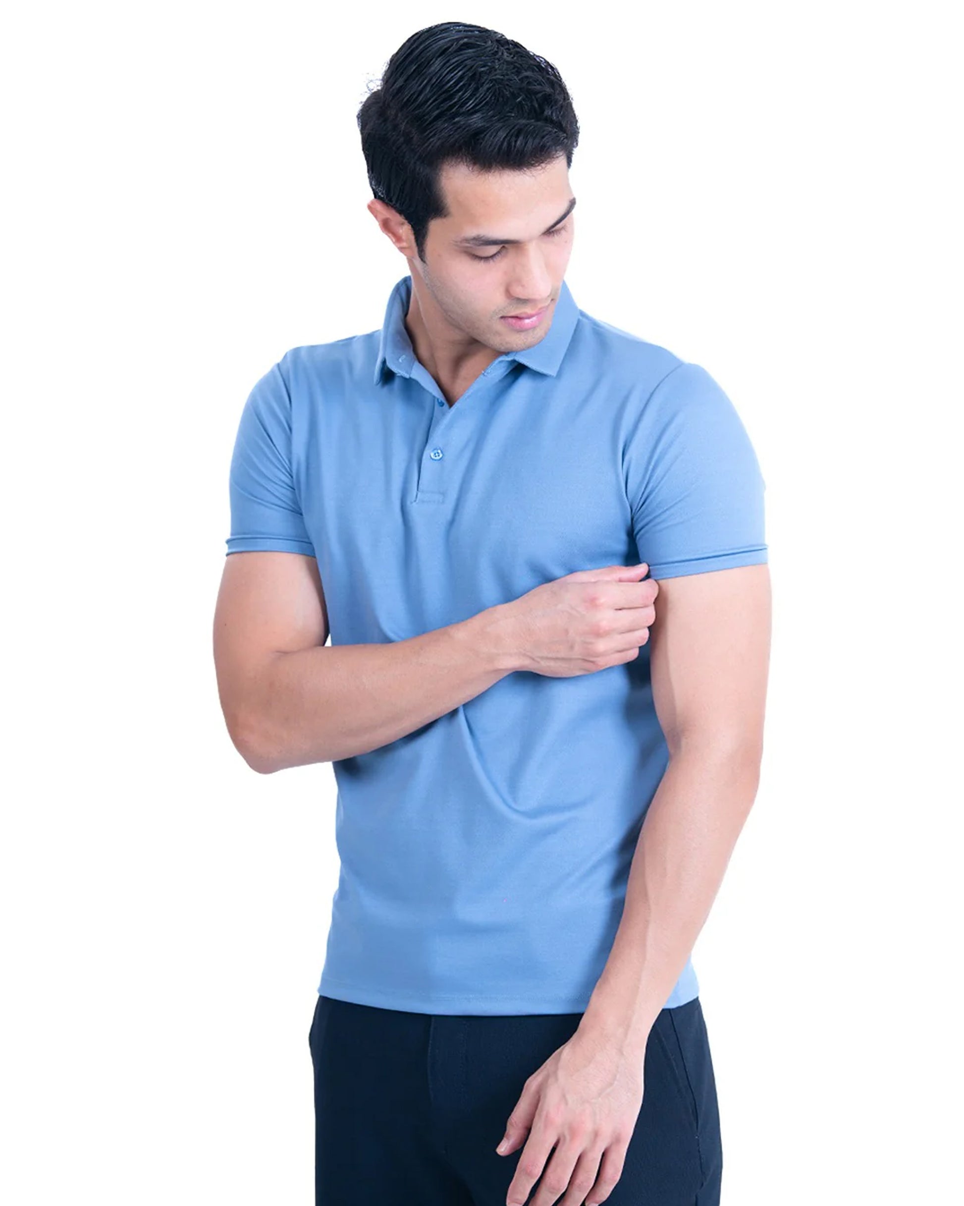 Right short sleeves view Light Blue Polo T-Shirt for Men with Short Sleeves and Collar