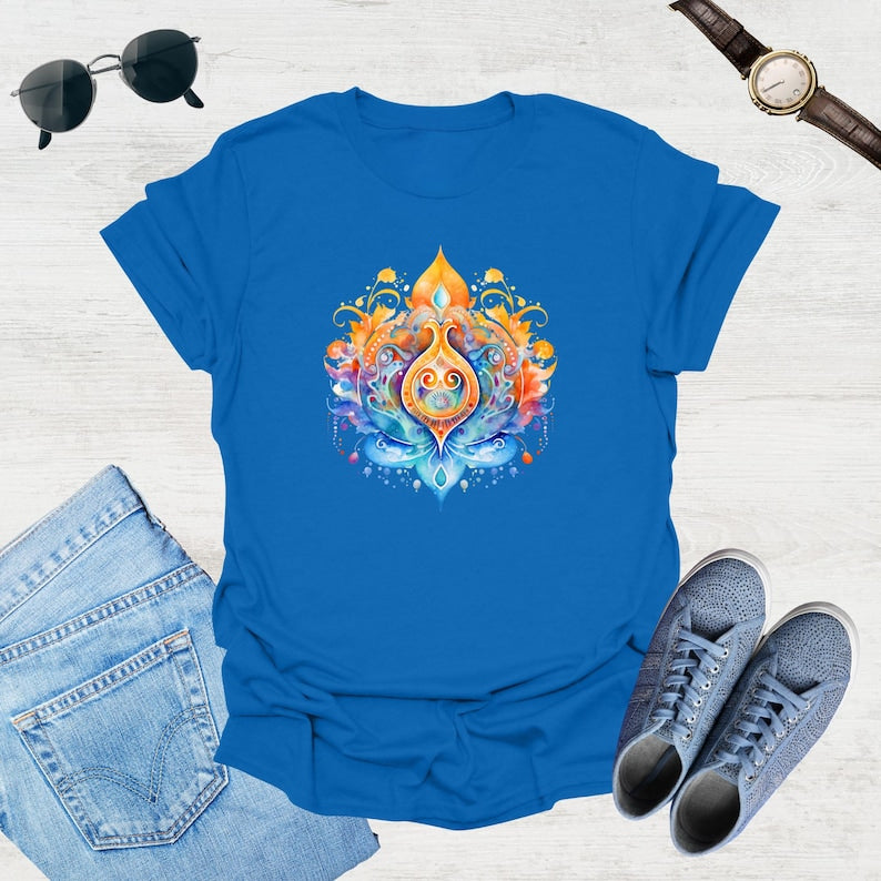 Royal Blue t-shirt showcases a colorful, psychedelic lotus flower graphic with swirling orange, blue, and yellow details.