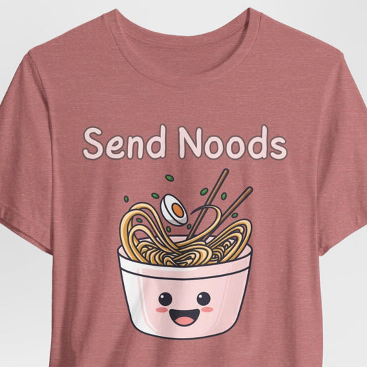 Pink t-shirt with a kawaii bowl of noodles and "Send Noods" text.  A playful design for noodle lovers.