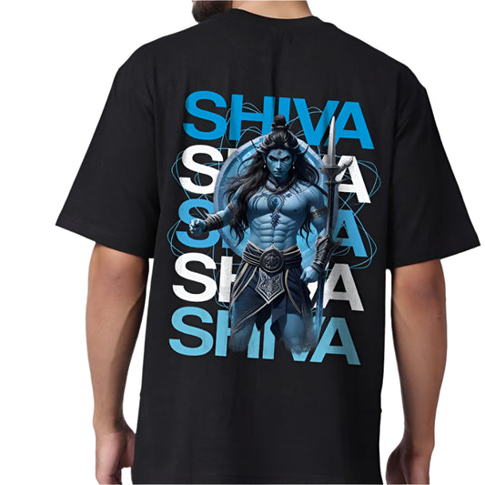 Black oversize t-shirt with a graphic of Lord Shiva, "SHIVA" text repeated four times, and blue abstract lines on the back.
