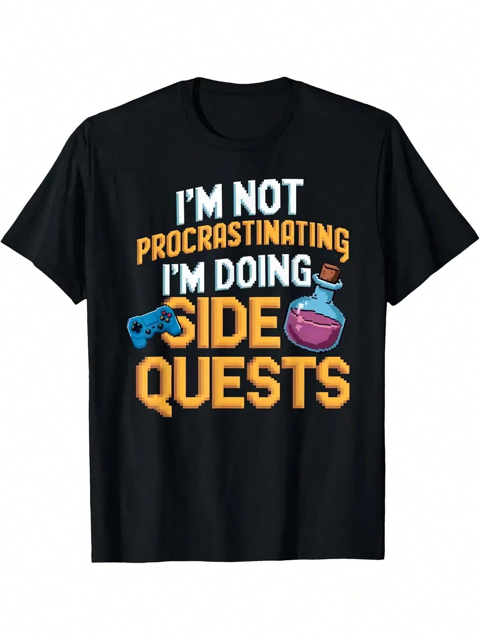 Black t-shirt with "I'm Not Procrastinating I'm Doing Side Quests" text, game controller, and potion graphic.