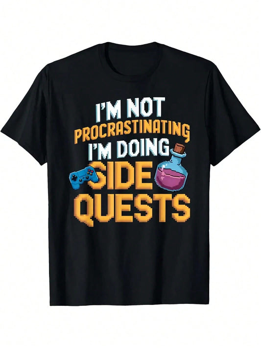 Black t-shirt with "I'm Not Procrastinating I'm Doing Side Quests" text, game controller, and potion graphic.