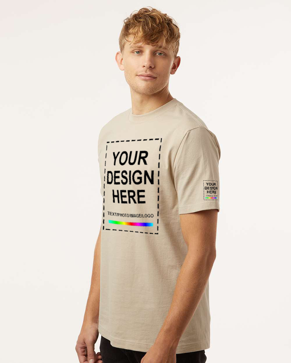 Side View Add Your Design Here on Beige T-Shirt