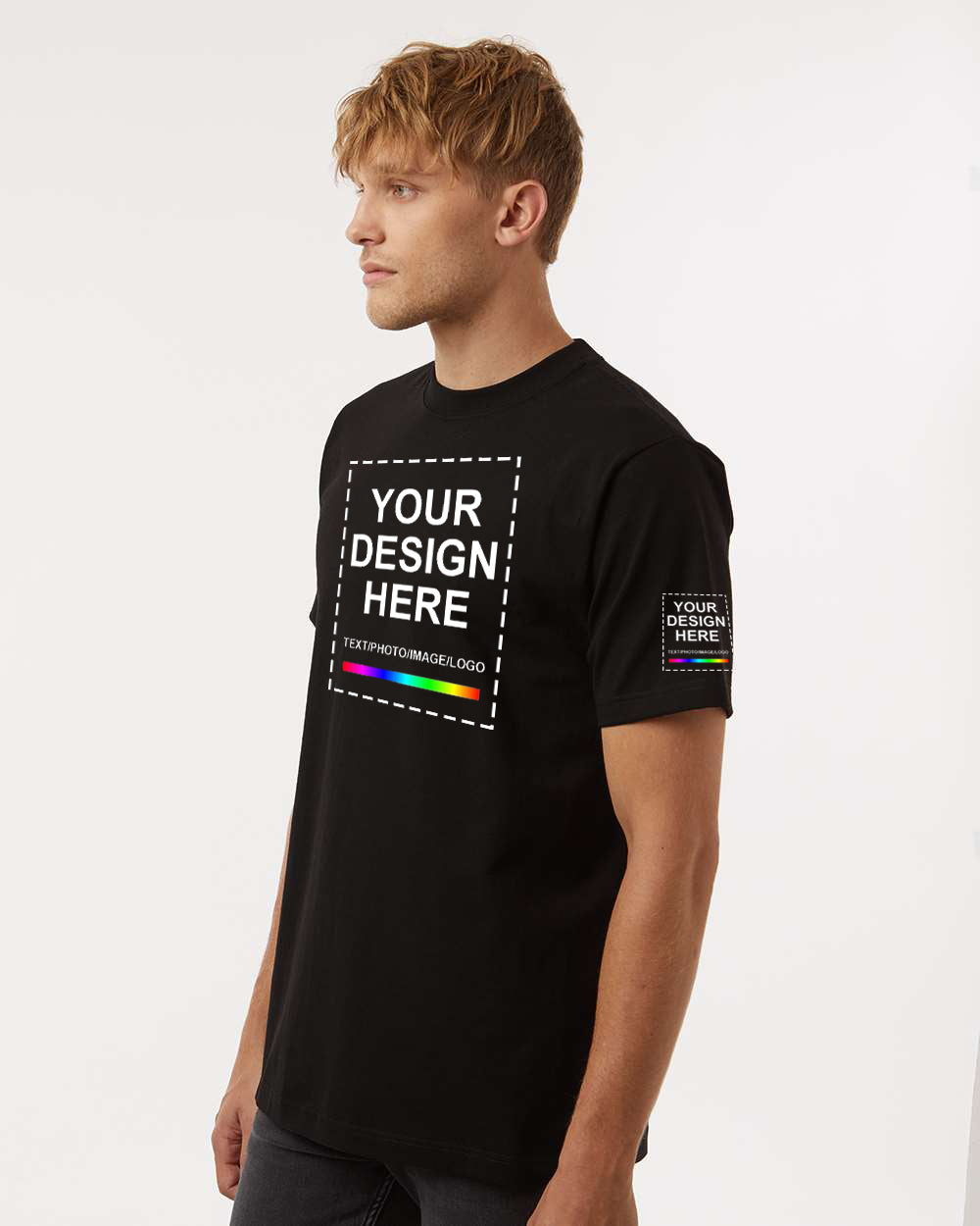 Side View Add Your Design Here on Black T-Shirt