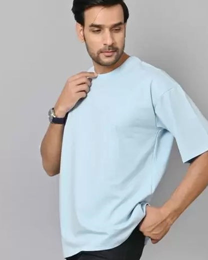 Sky Blue Oversized T-Shirt Casual Style with Relaxed Fit Close Front Tilt View