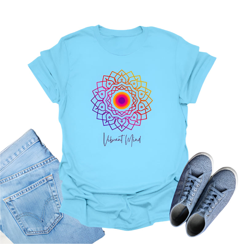 Sky t-shirt displays a colorful gradient mandala graphic and the text "Vibrant Mind" in cursive.