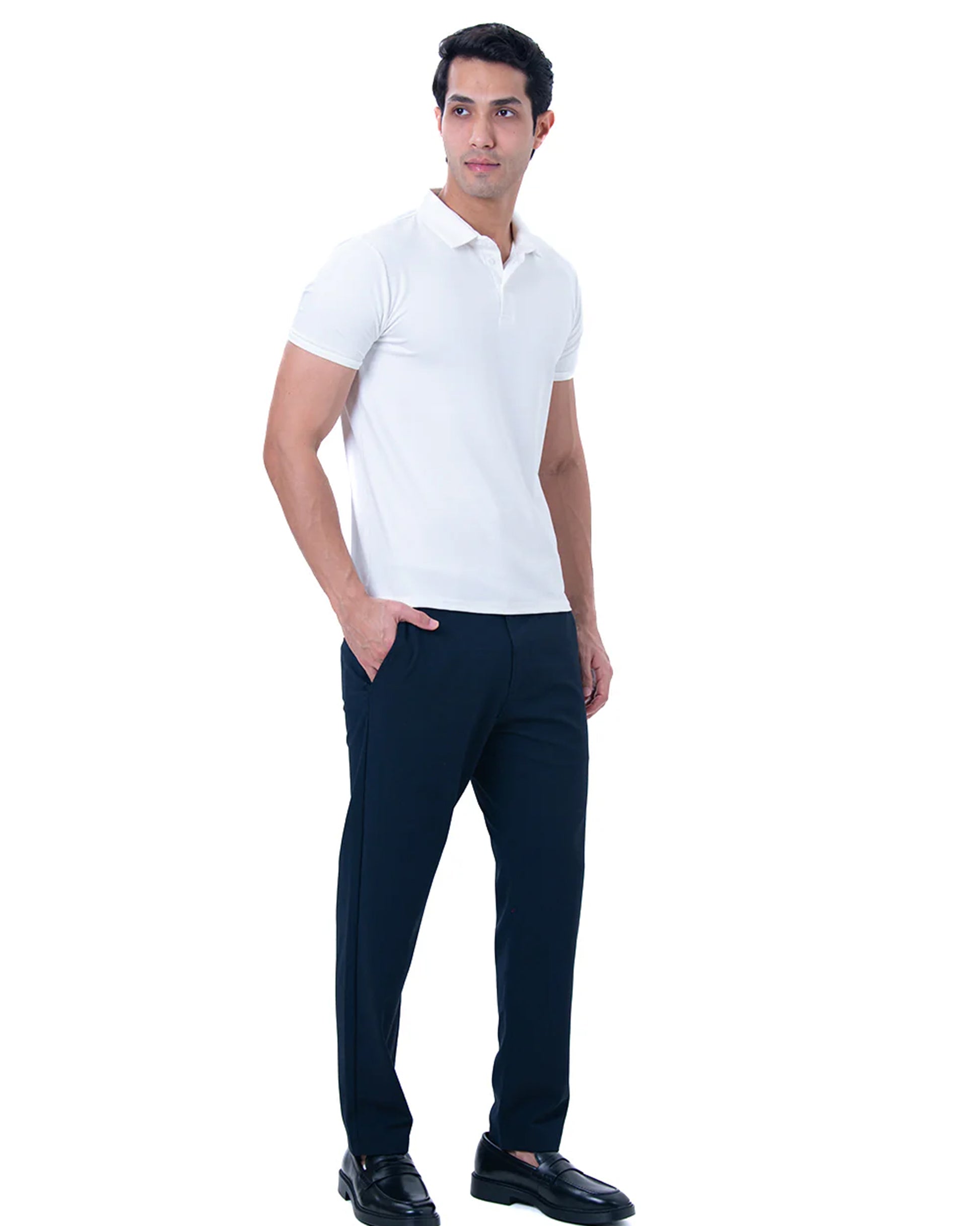 men in a white short-sleeved polo tshirt,Smart Casual Look