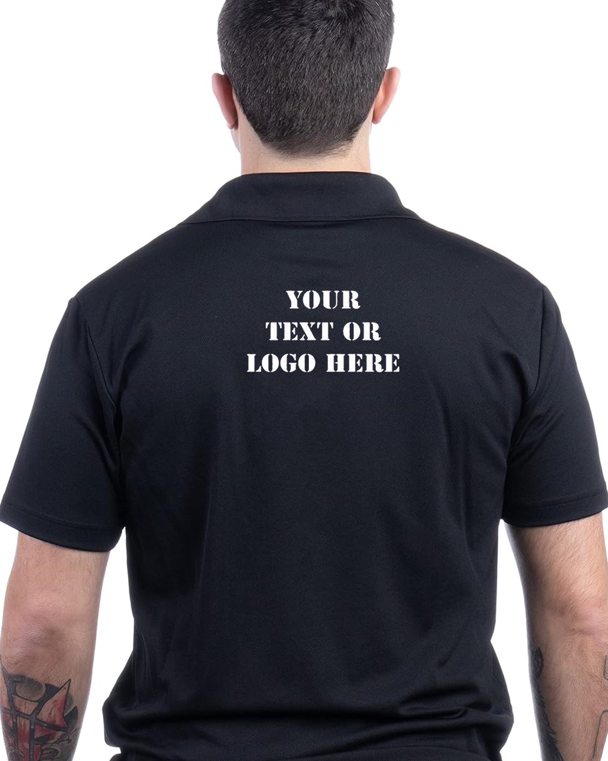 Smiling Man in Black Polo T-Shirt with "Your Design" Oval back side logo text