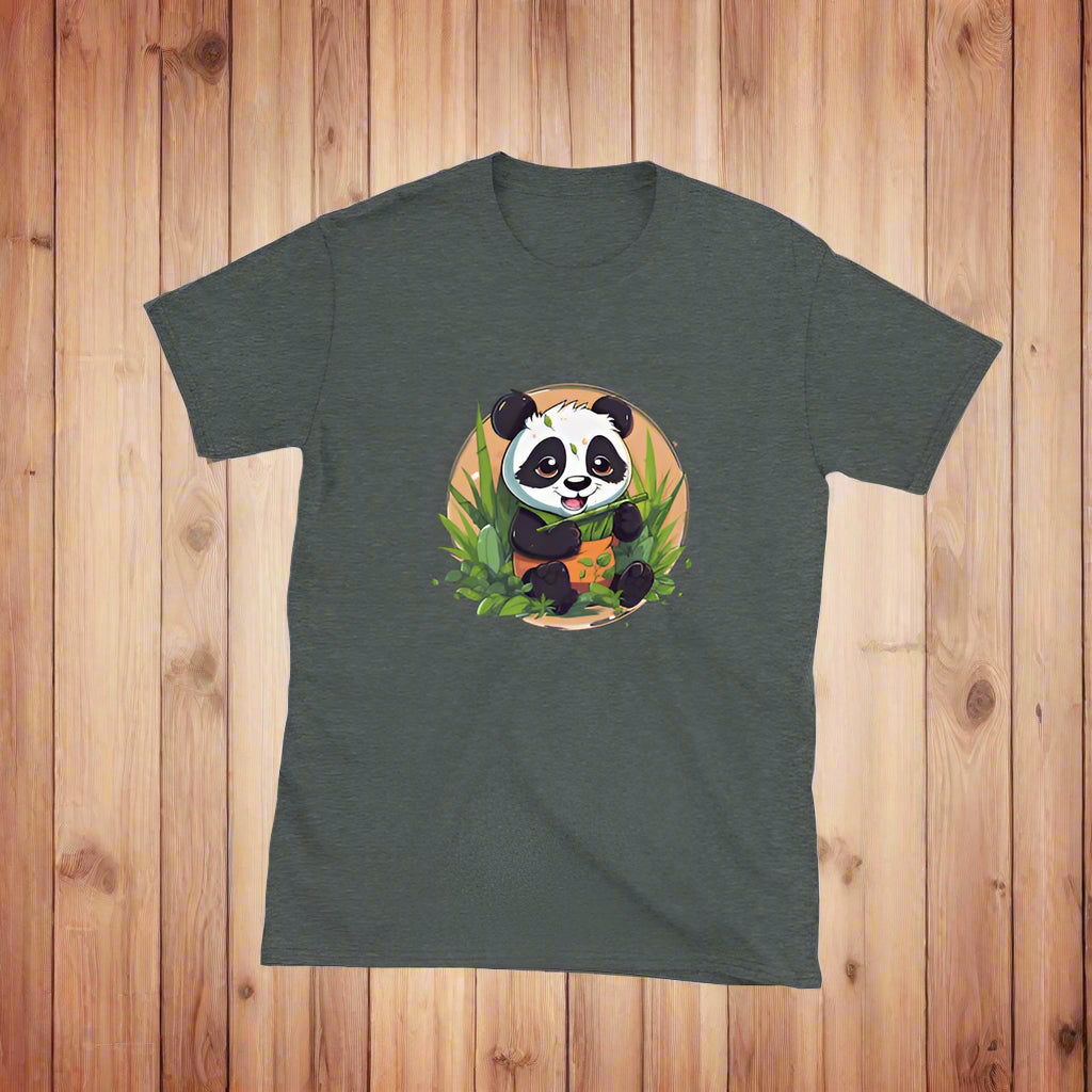 Smokey gray t-shirt shows a cartoon panda sitting and happily eating green bamboo stalks.
