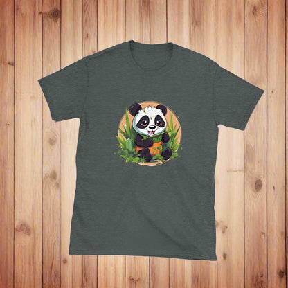 Smokey gray t-shirt shows a cartoon panda sitting and happily eating green bamboo stalks.