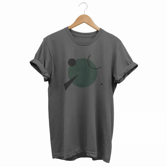 Smokey gray t-shirt on a hanger with a simple abstract geometric design in muted green and black.