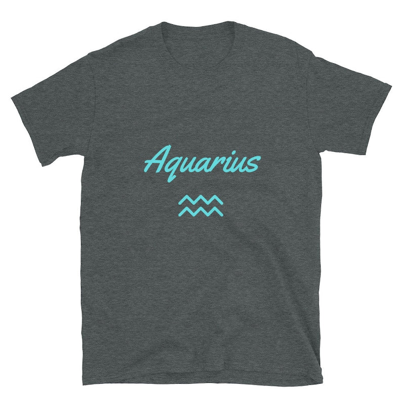 Smokey Grey t-shirt displays the word "Aquarius" in teal script above the Aquarius zodiac symbol.