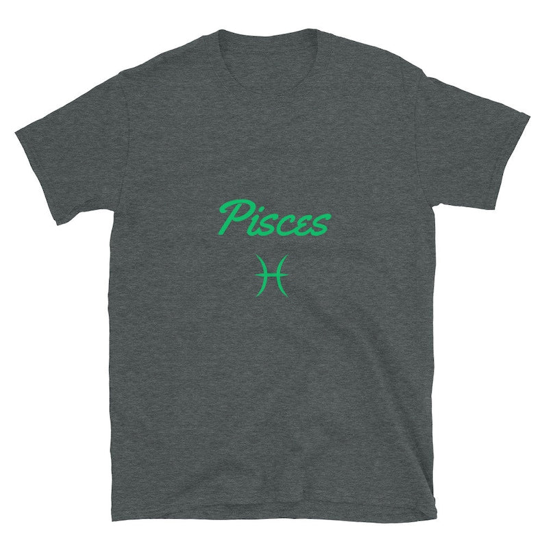 Smokey Grey t-shirt with the word "Pisces" in green script above the Pisces astrological symbol.