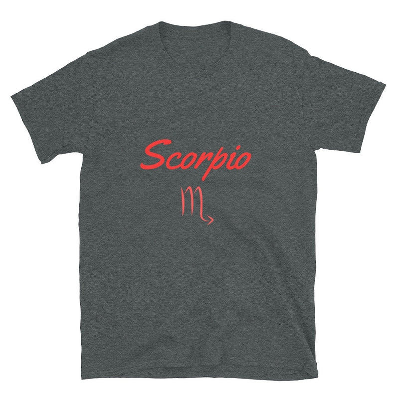 Smokey Grey t-shirt features the word "Scorpio" and its astrological symbol in red.