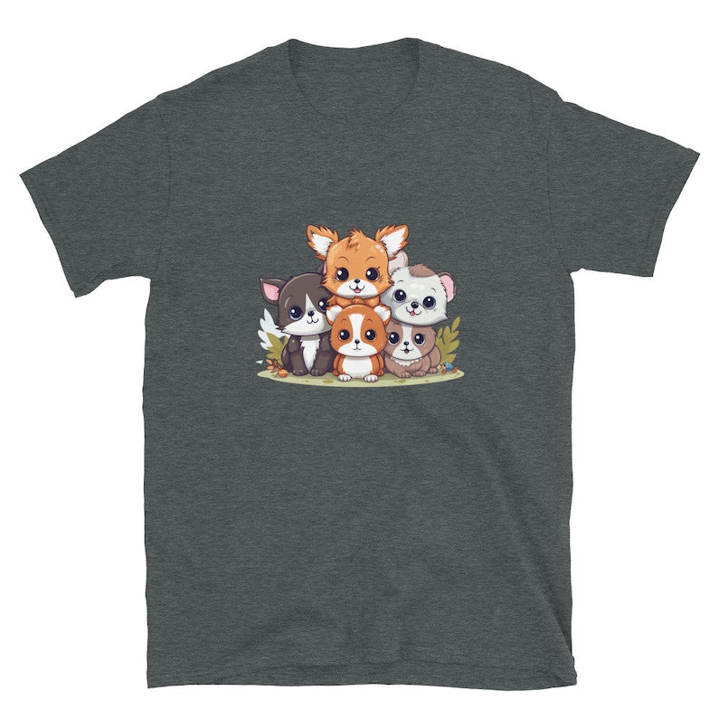 Smokey Grey t-shirt featuring a stack of five adorable cartoon animals: a fox, cat, hamster, and two dogs.