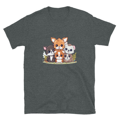 Smokey Grey t-shirt featuring a stack of five adorable cartoon animals: a fox, cat, hamster, and two dogs.