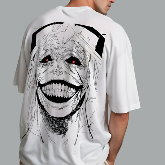 White oversize t-shirt with a black and white line art graphic of a character with a wide, toothy grin and glowing red eyes from the anime Solo Leveling on the back.