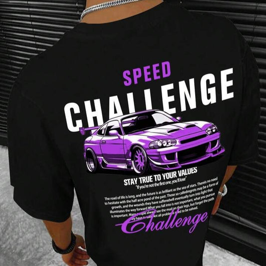 Dark-colored oversized t-shirt with a "Speed Challenge" graphic, featuring a car image and motivational text on the back.