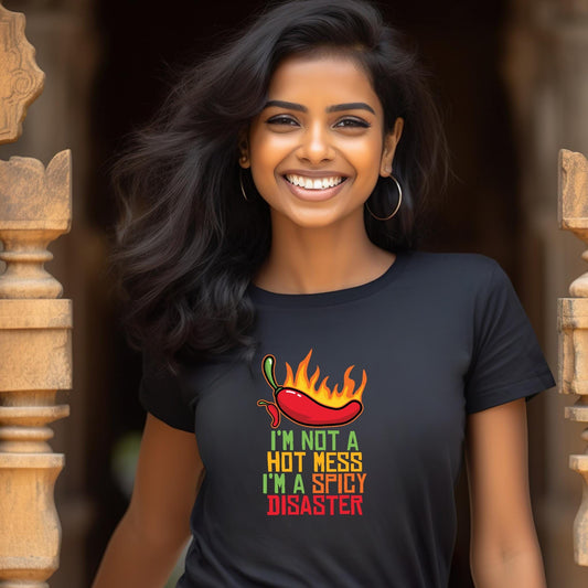  A smiling woman with dark hair wearing a black t-shirt with a flaming chili pepper graphic and the text "I'M NOT A HOT MESS I'M A SPICY DISASTER". Based on her appearance, she may be of South Asian descent, possibly Indian.