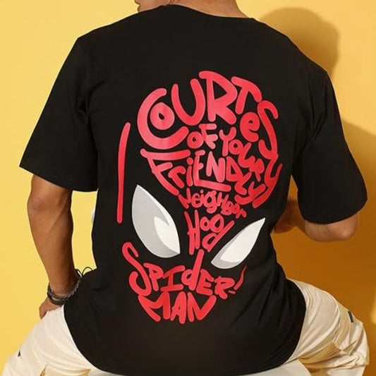 Dark-colored oversized t-shirt with a Spider-Man mask graphic on the back, featuring text that reads "Courteous of Your Friendly Neighborhood Spider-Man."