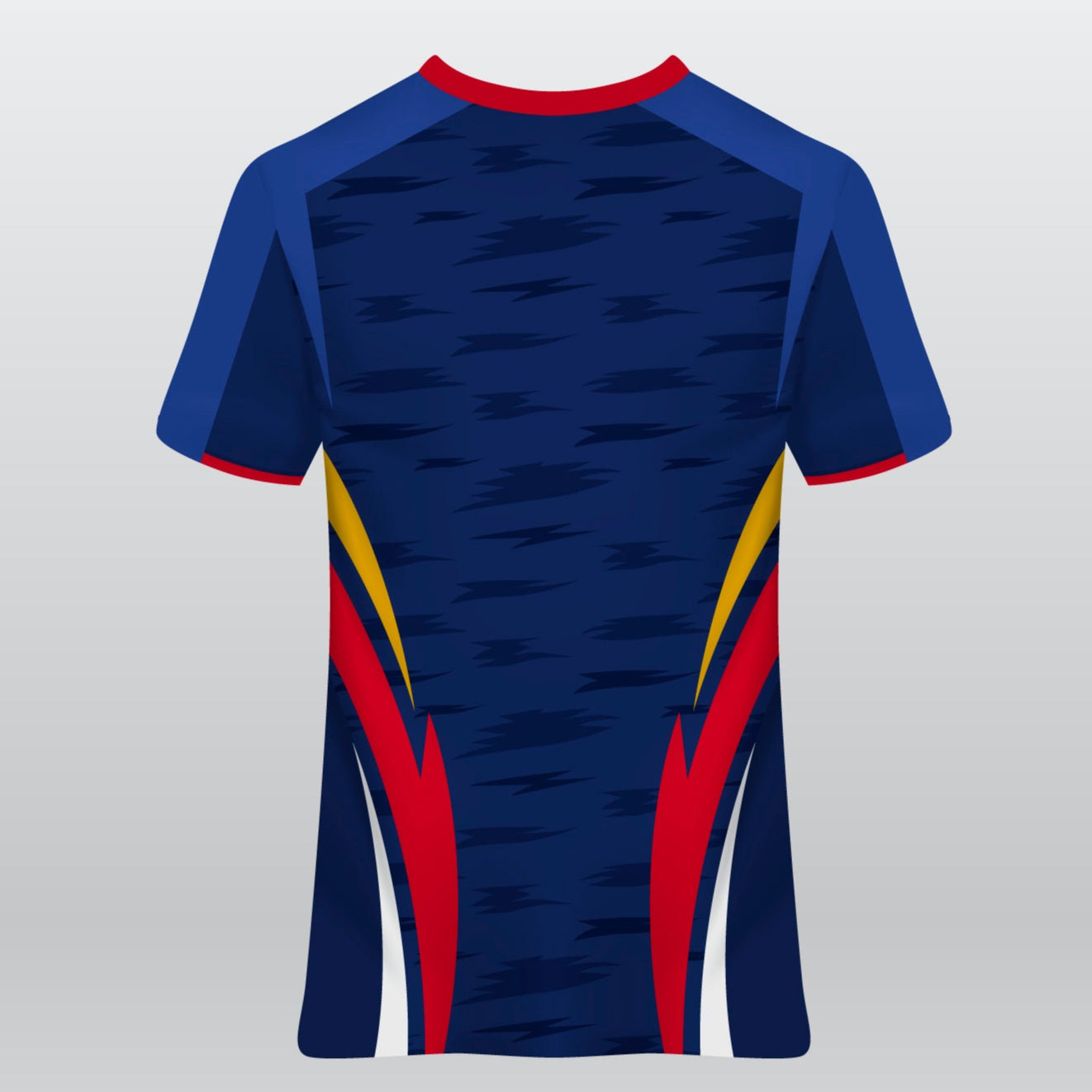 Back View of Blue soccer T-Shirt featuring dynamic red and yellow side stripes design.