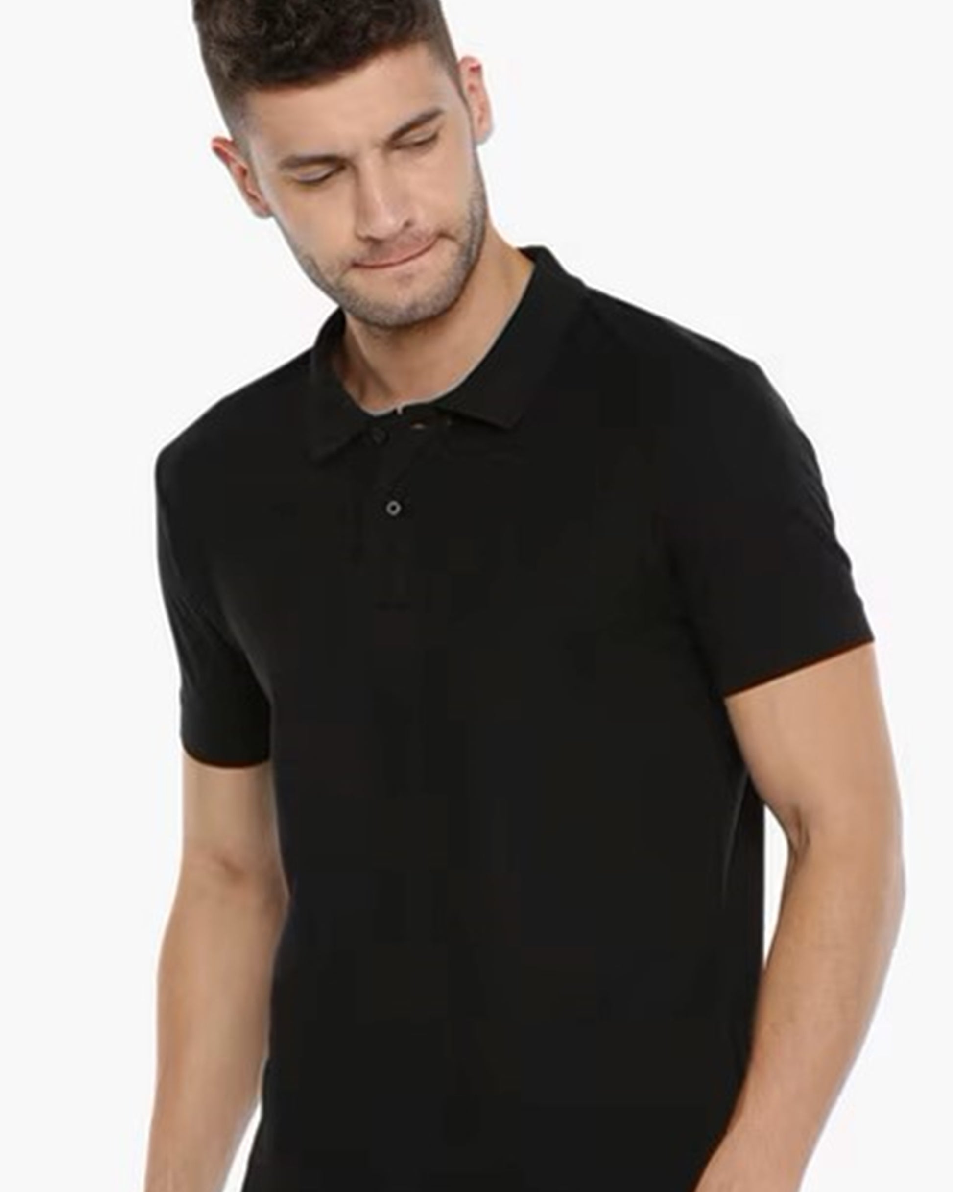 A men with short black short-sleeved polo t-shirt.