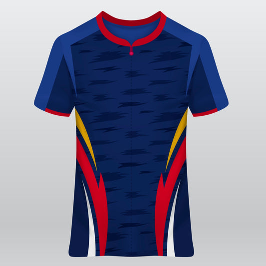 Blue soccer T-Shirt featuring front dynamic red and yellow side stripes design.