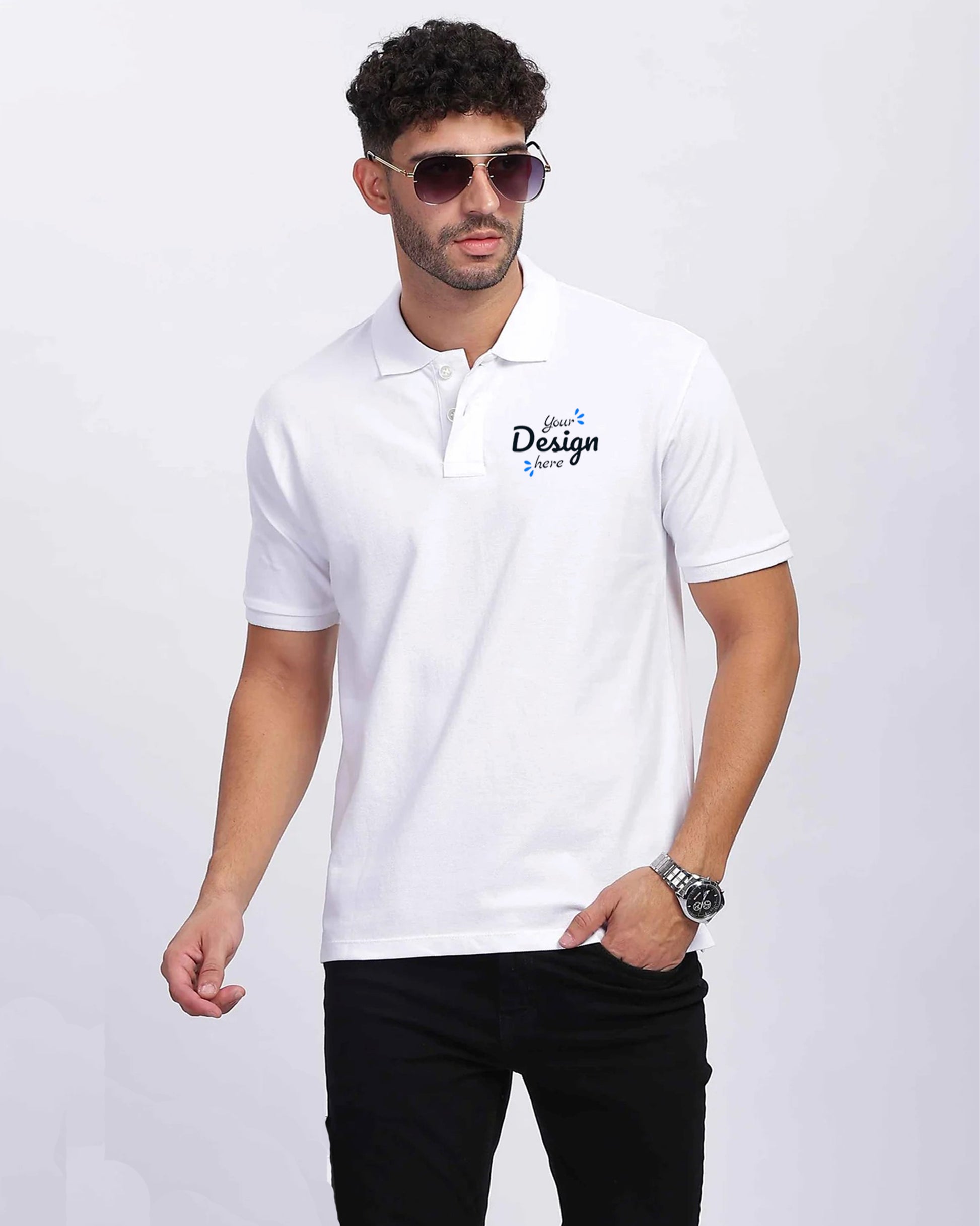  Men in white polo t-shirt with custom design on left chest area



