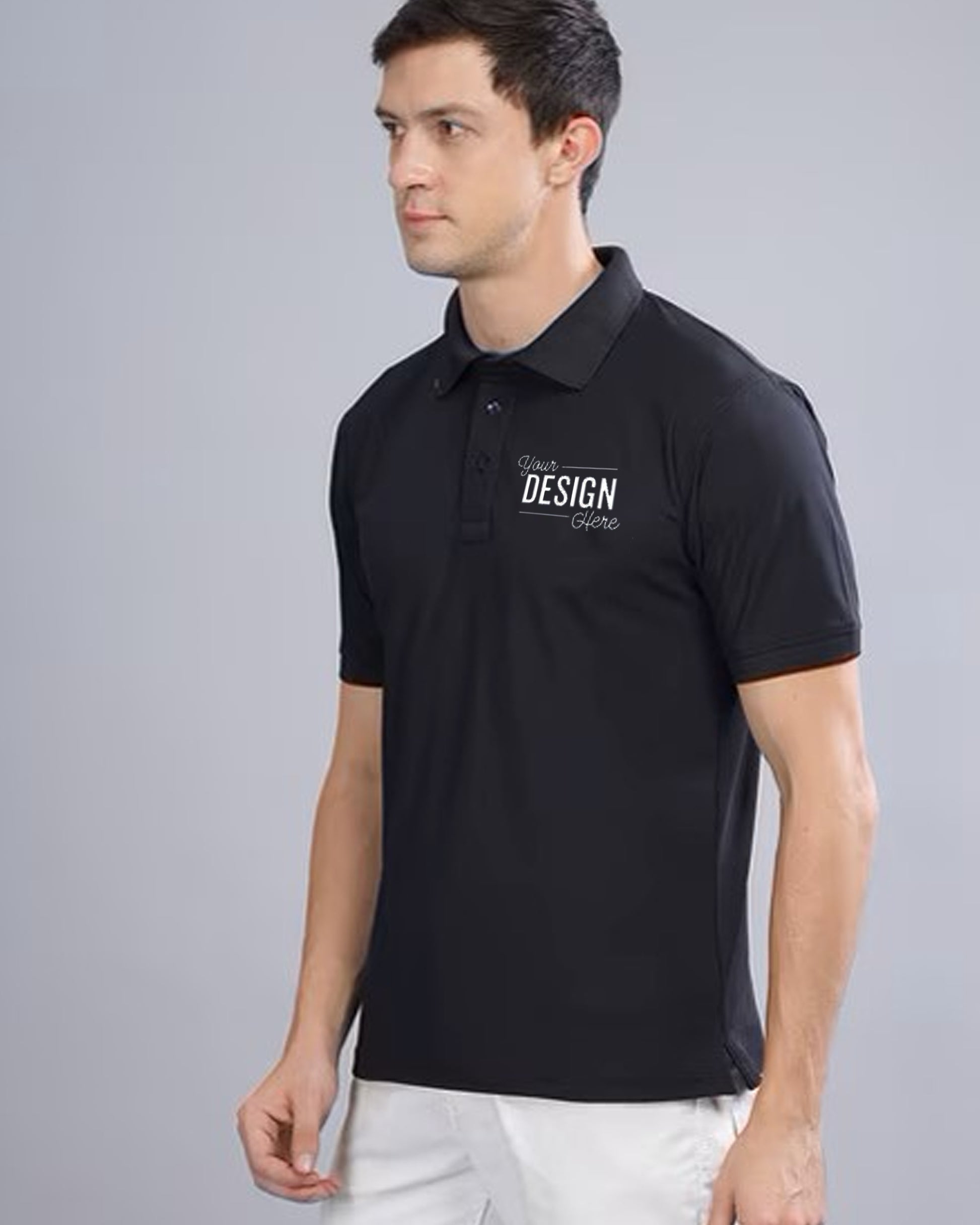 Stylish_Man_in_Black_Polo_TShirt_with_Your_Design_Here_Text front left view