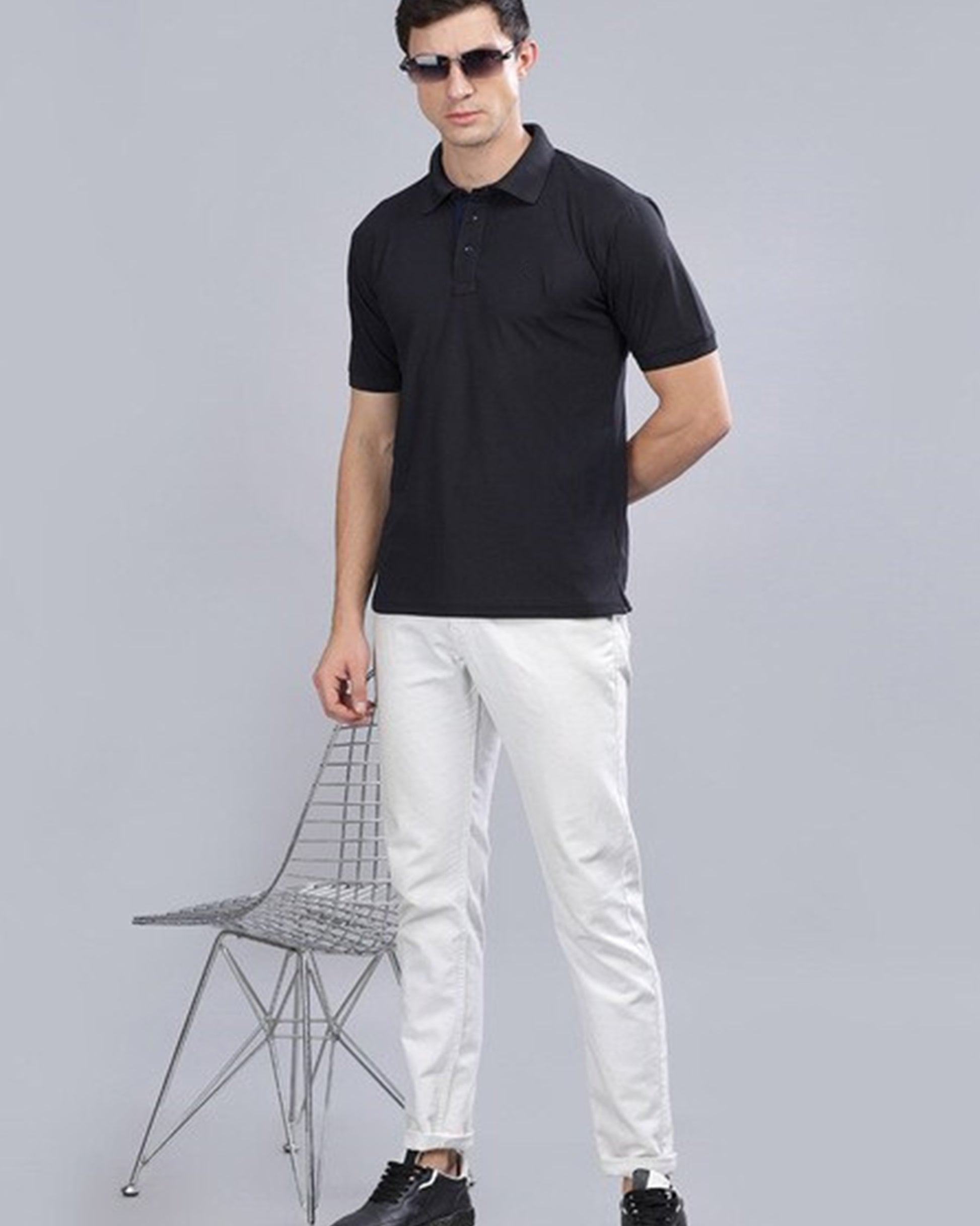 Stylish_Plain_Black_Polo_T-Shirt_for_Men_with_Buttoned_Collar_middle front_side