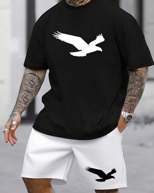 A man wearing a black Eagle_TShirt 
 _Style_ Bold_Graphic_Casual_Look  _front_view 