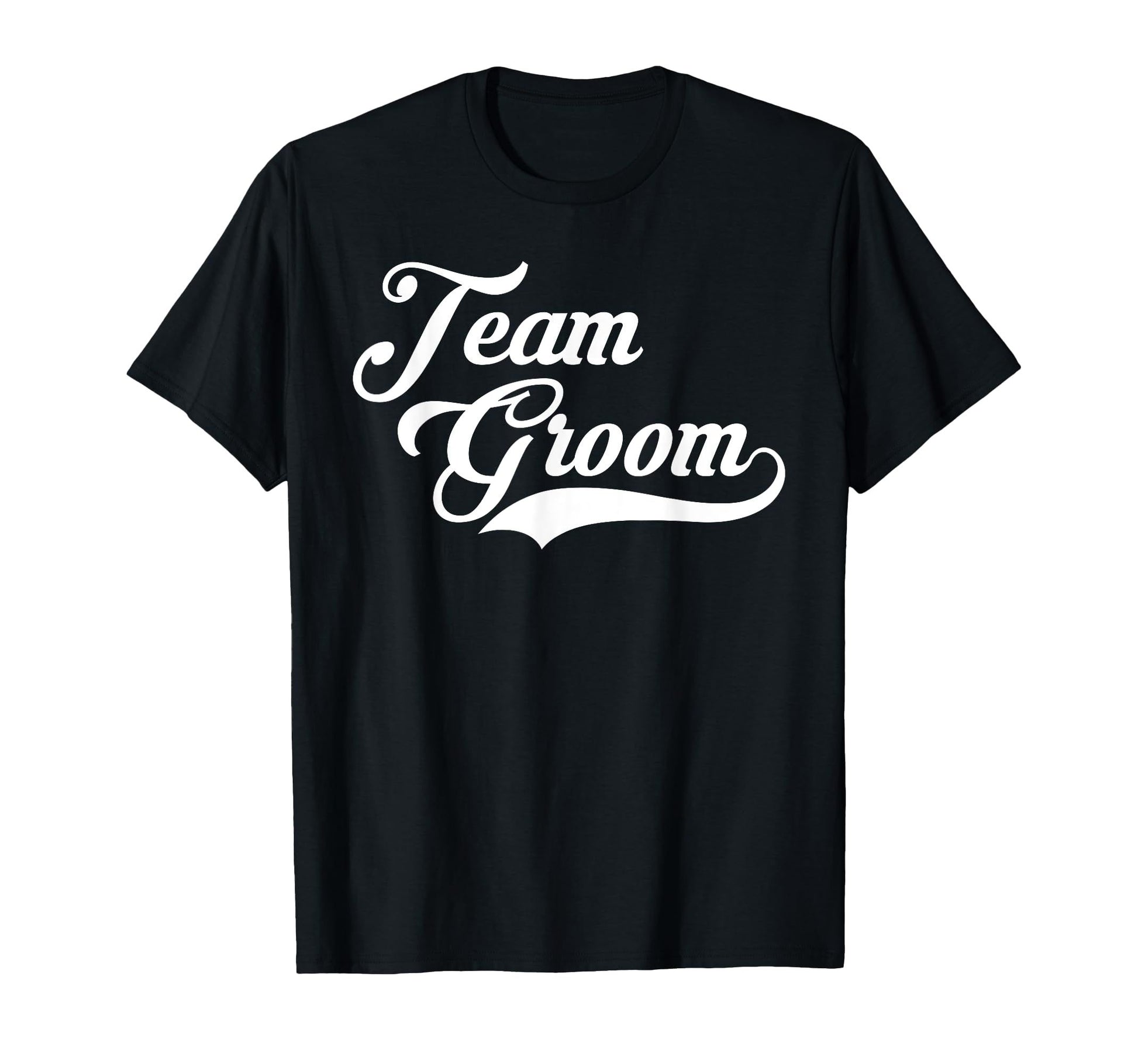 Black cotton t-shirt with the words "Team Groom" printed in a stylish white script font.
