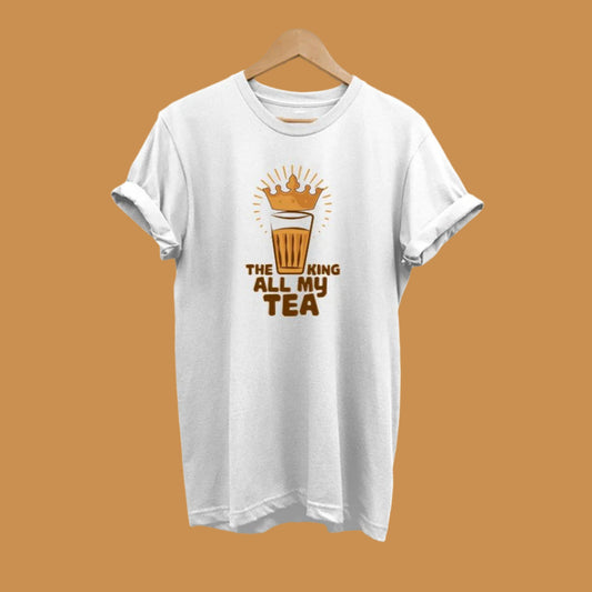 White t-shirt with "The King All My Tea" text and a crowned glass of tea graphic. A unique design for tea enthusiasts.