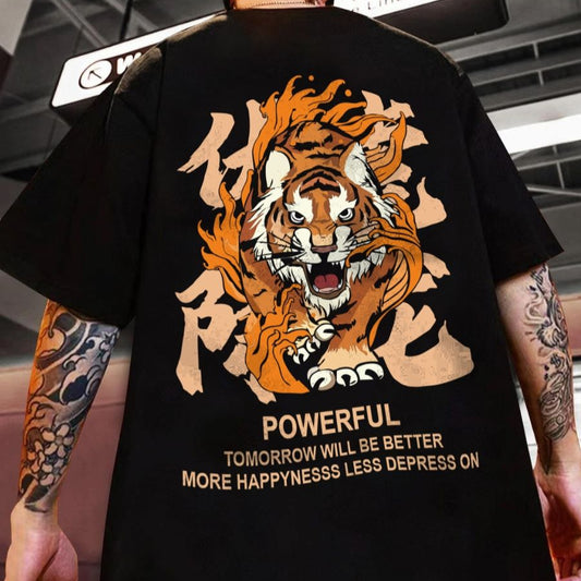Black t-shirt with a tiger graphic, "Powerful" text, and inspirational quote on the back.