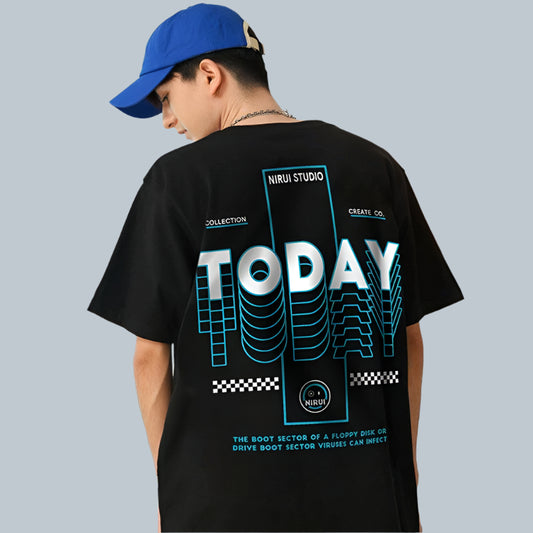 Dark-colored oversize t-shirt with "TODAY" text, a graphic resembling a boot sector, "Nirui Studio" branding, and a text quote about boot sector viruses on the back.