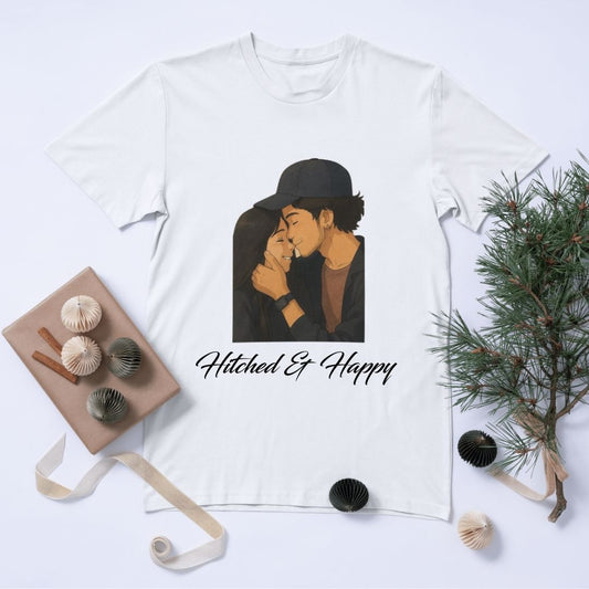Hitched & Happy – Couple T-Shirt (White Edition)