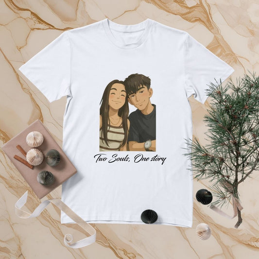 Two Souls, One Story – Couple T-Shirt (White Edition)
