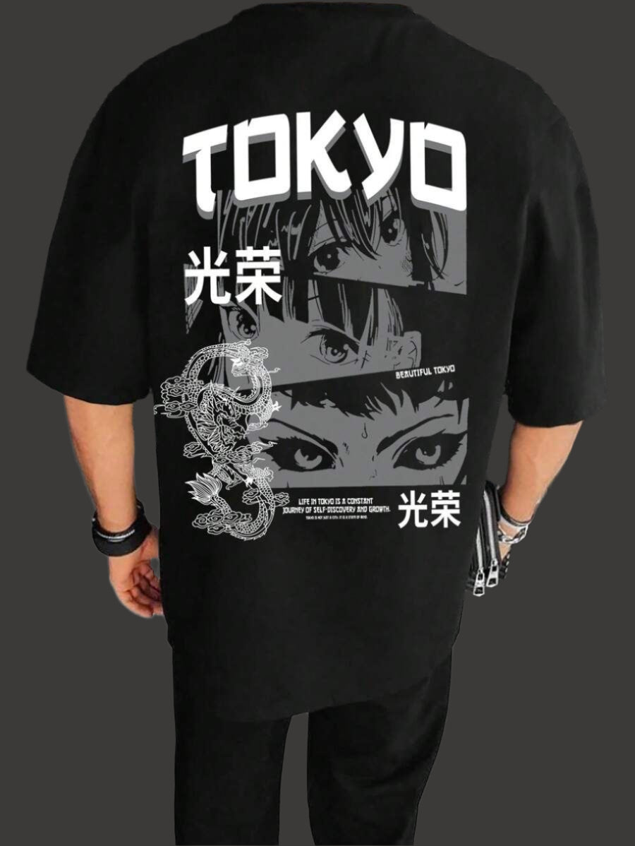 Black oversized t-shirt with "TOKYO" text, Japanese characters, eye graphics, and a dragon design on the back. A quote about Tokyo is also visible.