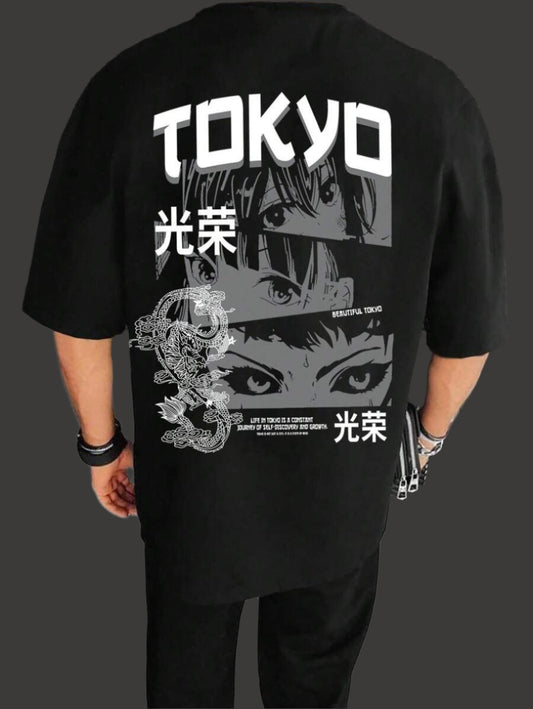 Black oversized t-shirt with "TOKYO" text, Japanese characters, eye graphics, and a dragon design on the back. A quote about Tokyo is also visible.