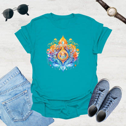 Torpical Blue t-shirt showcases a colorful, psychedelic lotus flower graphic with swirling orange, blue, and yellow details.