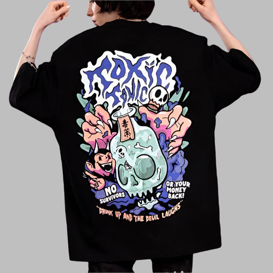 Black oversized t-shirt with a "Toxic Tonic" graphic featuring a skull bottle, monster hands, and text.