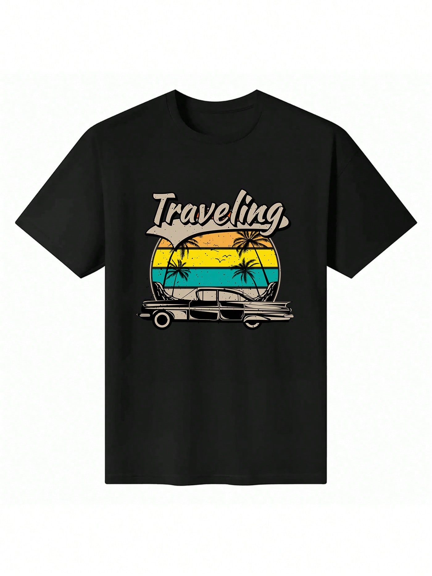 A black t-shirt features a retro-style graphic of a classic car parked on a beach with palm trees and a striped sunset.