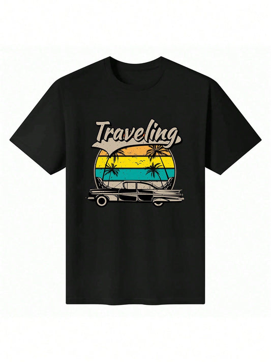A black t-shirt features a retro-style graphic of a classic car parked on a beach with palm trees and a striped sunset.