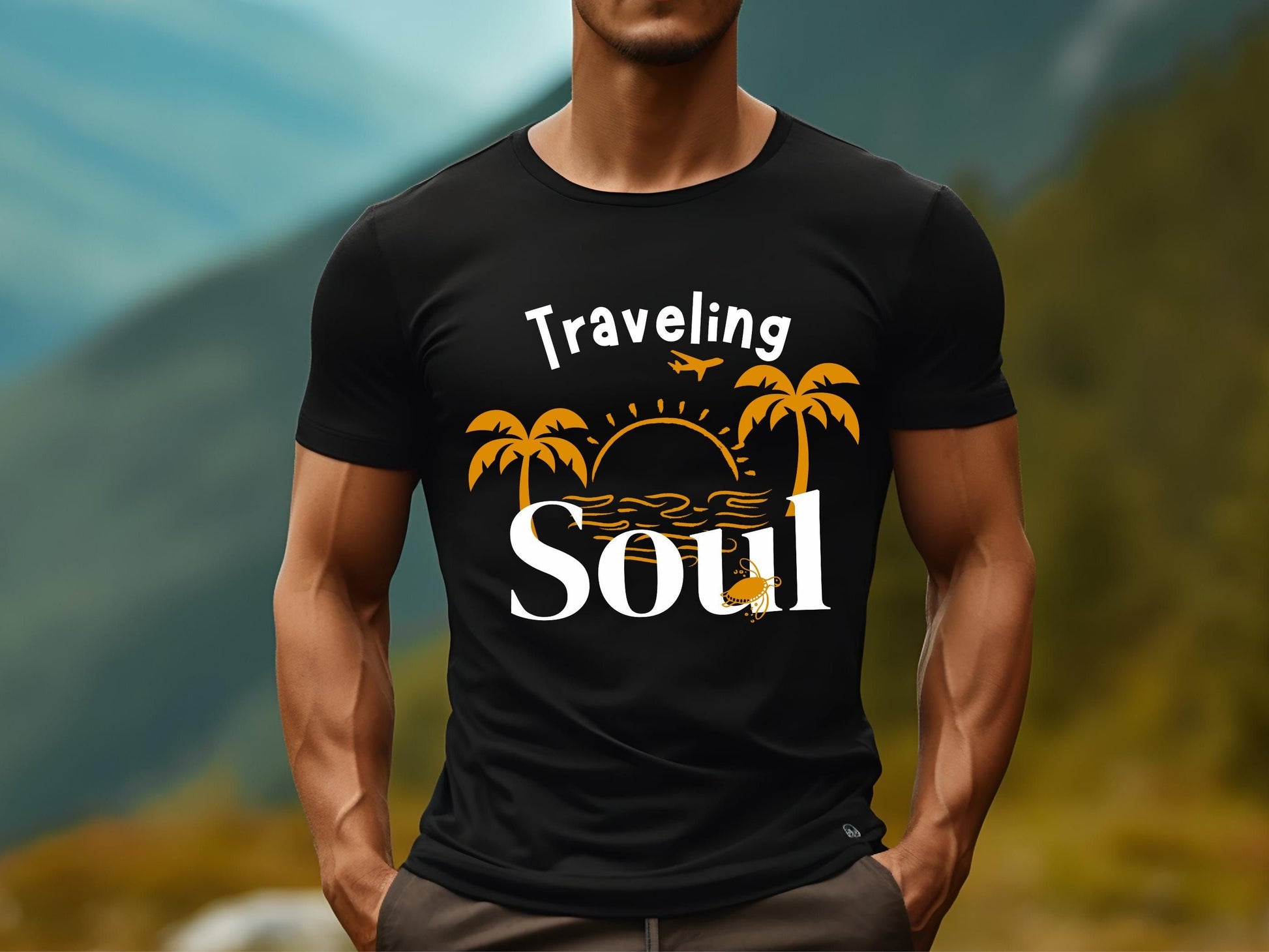 Black t-shirt featuring "Traveling Soul" text above a sunset with palm trees.