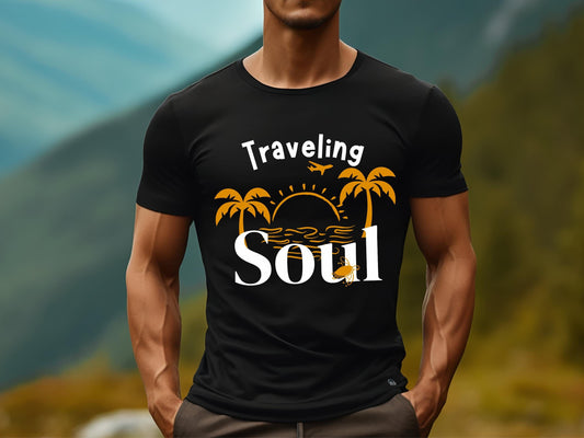 Black t-shirt featuring "Traveling Soul" text above a sunset with palm trees.