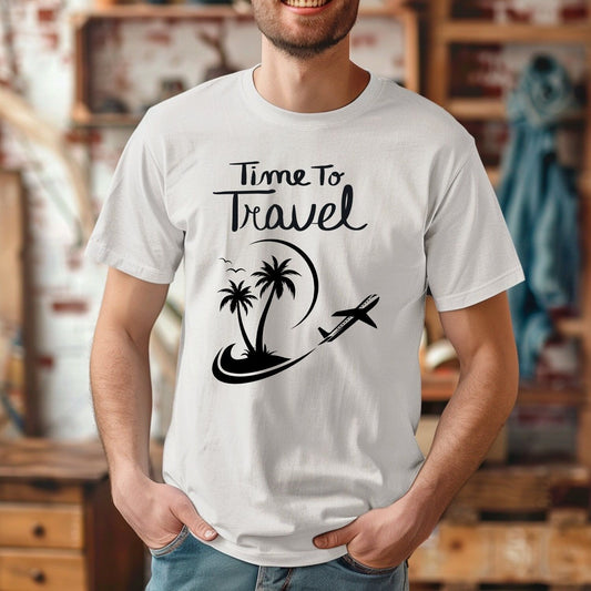 White t-shirt with "Time To Travel" text, palm trees, and an airplane graphic.
